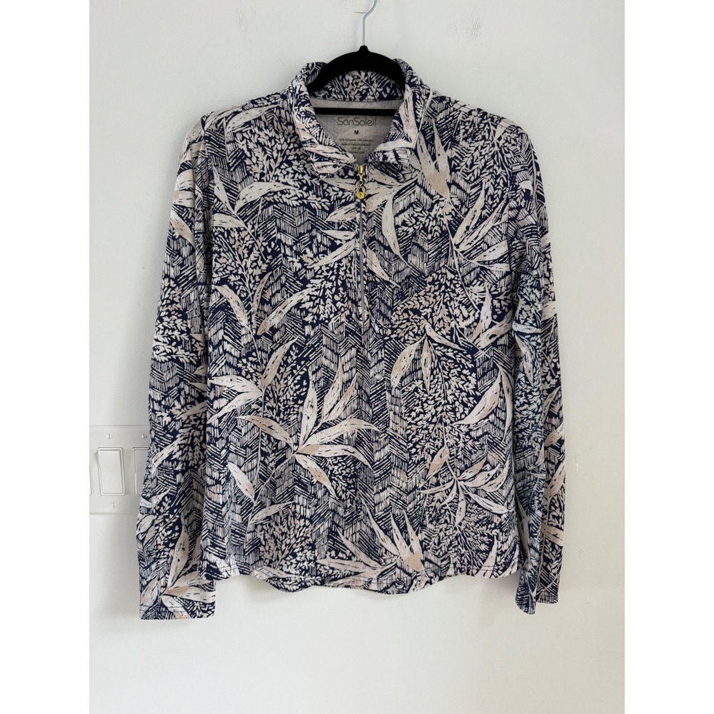 SanSoleil SolCool UPF 50 Quarter Zip Golf Top Navy White Tropical Leaf Print M